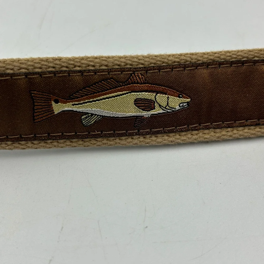 West Marine Belt Brown Tan Mens Size 36 Fish Embroidered Leather Canvas USA
